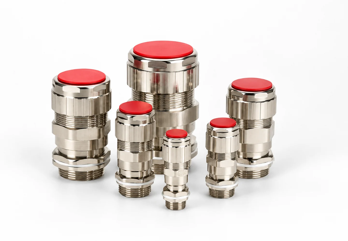 Representative metal cable glands with red protective caps based on HUSI catalog products